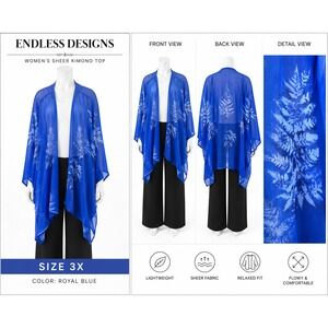 Endless Designs Royal Blue Sheer‎ Kimono Top Fern Leaf Print Plus Size 3X Wrap